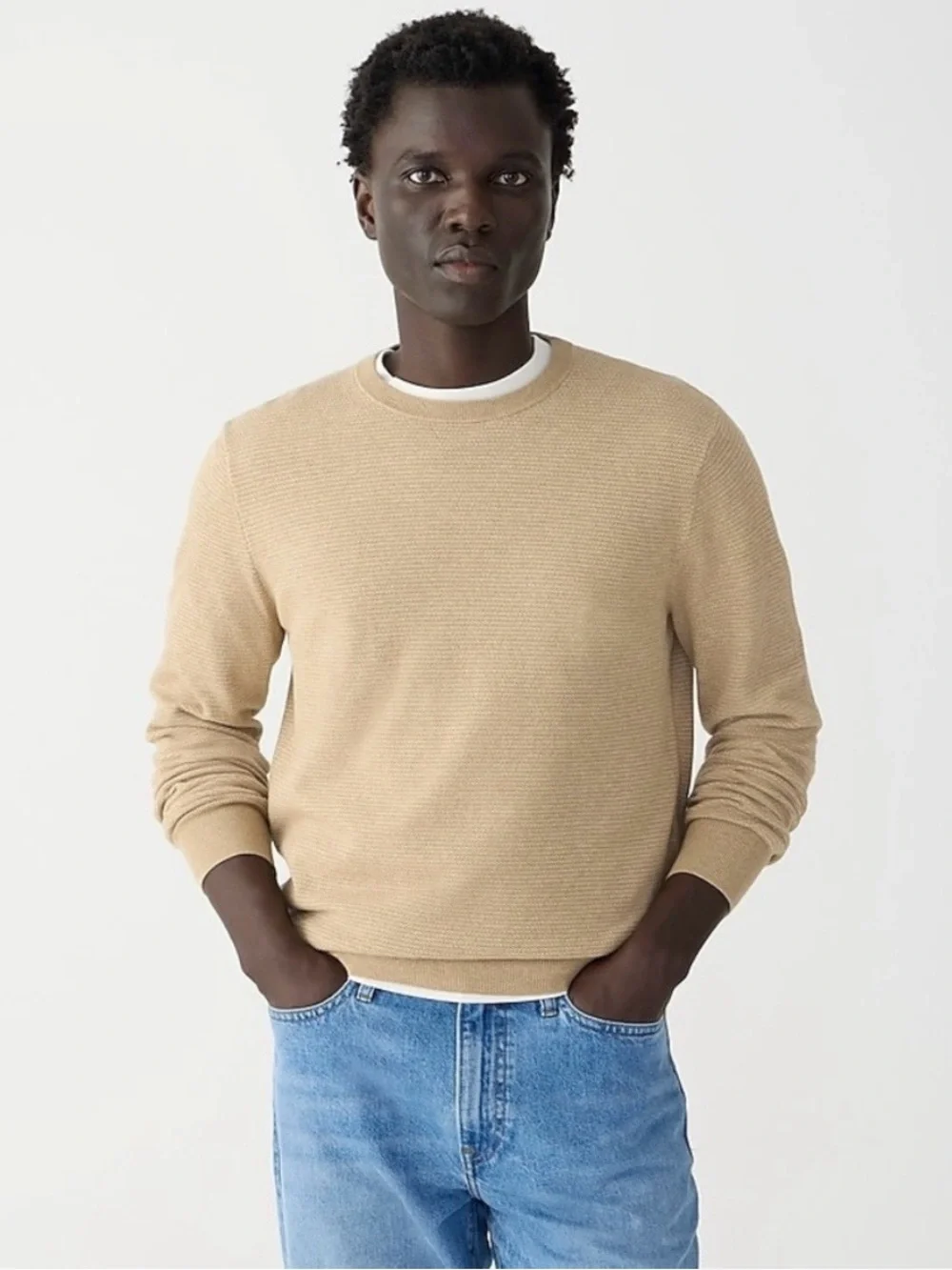 J. Crew NWT Silk Cotton-Blend Pique Sweater Crewneck Textured Knit Cream Tan